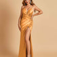 Sexy Satin Spaghetti Straps Prom Dresses V-neck Side Slit Pleats Floor Length Sheath