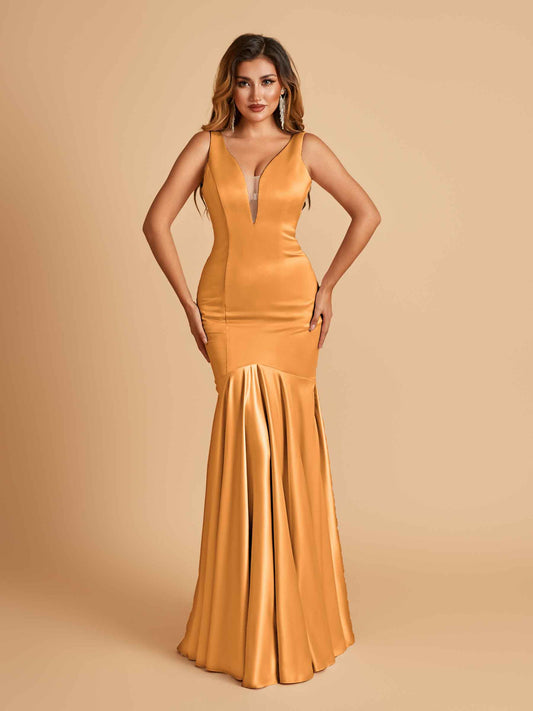 Satin Deep V-neck Mermaid Bridesmaid Dresses Half Open Back Floor Length