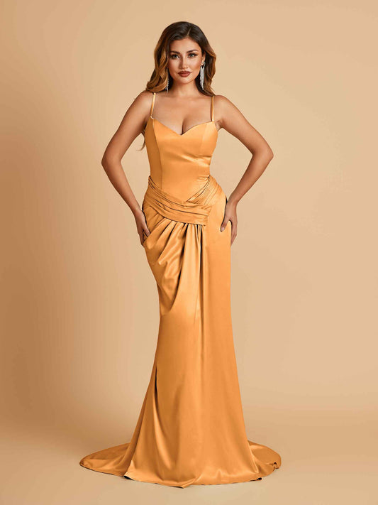 Satin Mermaid Sweetheart Bridesmaid Dresses Spaghetti Straps With Pleats Floor Length