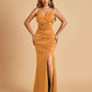 Sexy Satin Mermaid Bridesmaid Dresses Spaghetti Straps V-neck Side Slit Floor Length