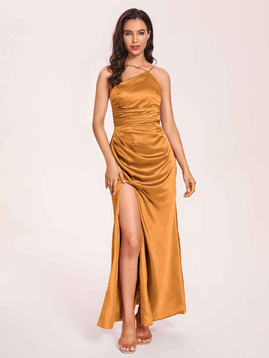 Satin Halter Pleats Sheath Bridesmaid Dresses Side-Slit Floor Length Sleeveless