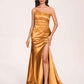 Satin One-shoulder Mermaid Bridesmaid Dresses Side Slit Pleats Floor Length