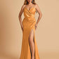 Sexy Satin Sheath Prom Dresses Spaghetti Straps V-neck Side Slit Floor Length