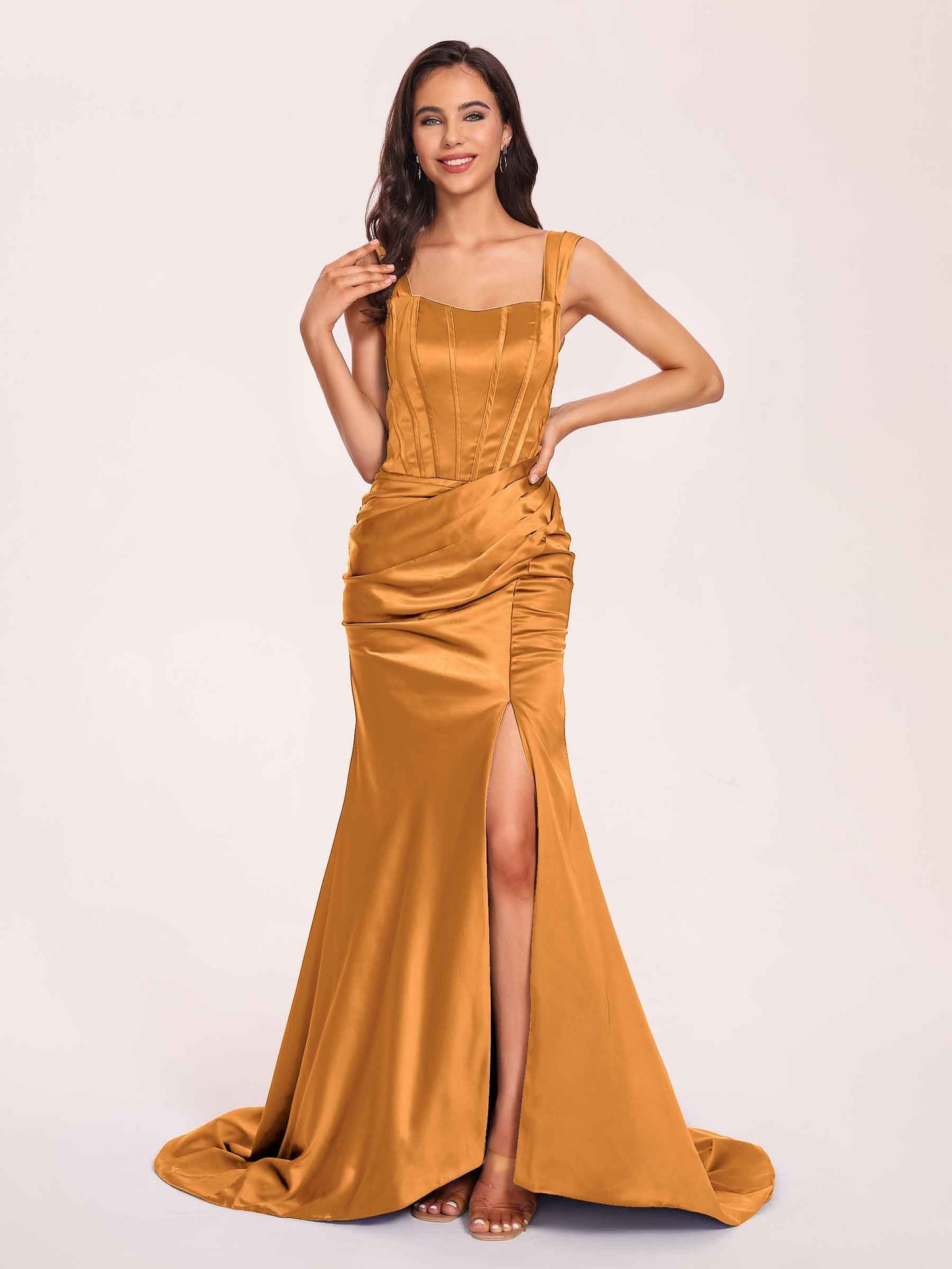 Sexy Satin Square Mermaid Prom Dresses Pleats Side-Slit Floor-Length Sleeveless