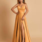 Satin A-line Long Prom Dresses Spaghetti Straps V-neck Side Slit Floor Length