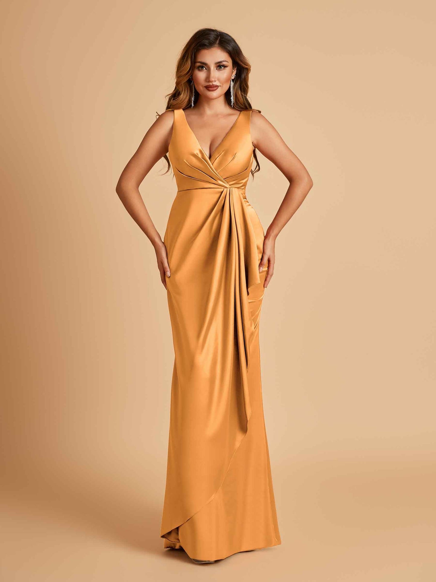 Sexy Satin Sheath V-neck Prom Dresses Strapless Floor Length