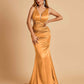 Sexy Satin Criss-cross Back Prom Dresses Mermaid Deep V-neck Back Pleats Floor Length