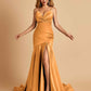 Sexy Satin Mermaid Open Back Prom Dresses Spaghetti Straps V-neck Side Slit