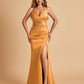 Sexy Satin Mermaid Long Prom Dresses Spaghetti Straps Sweetheart Side Slit Criss-cross Back