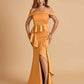 Satin Mermaid Off Shoulder Prom Dresses With Ruffles Side Slit Floor Length