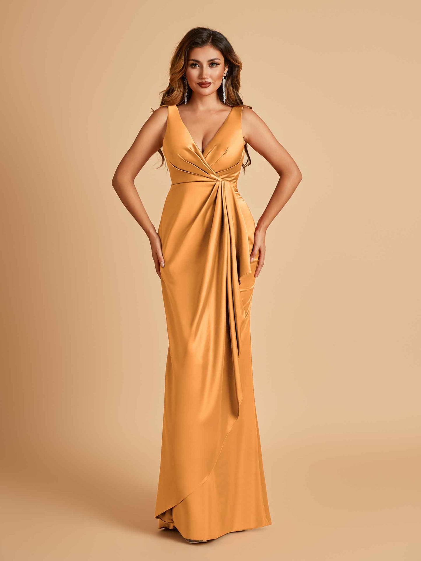 Sexy Satin Sheath V-neck Bridesmaid Dresses Strapless Floor Length