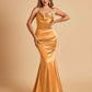 Satin Mermaid Open Back Bridesmaid Dresses Spaghetti Straps Scoop Floor Length