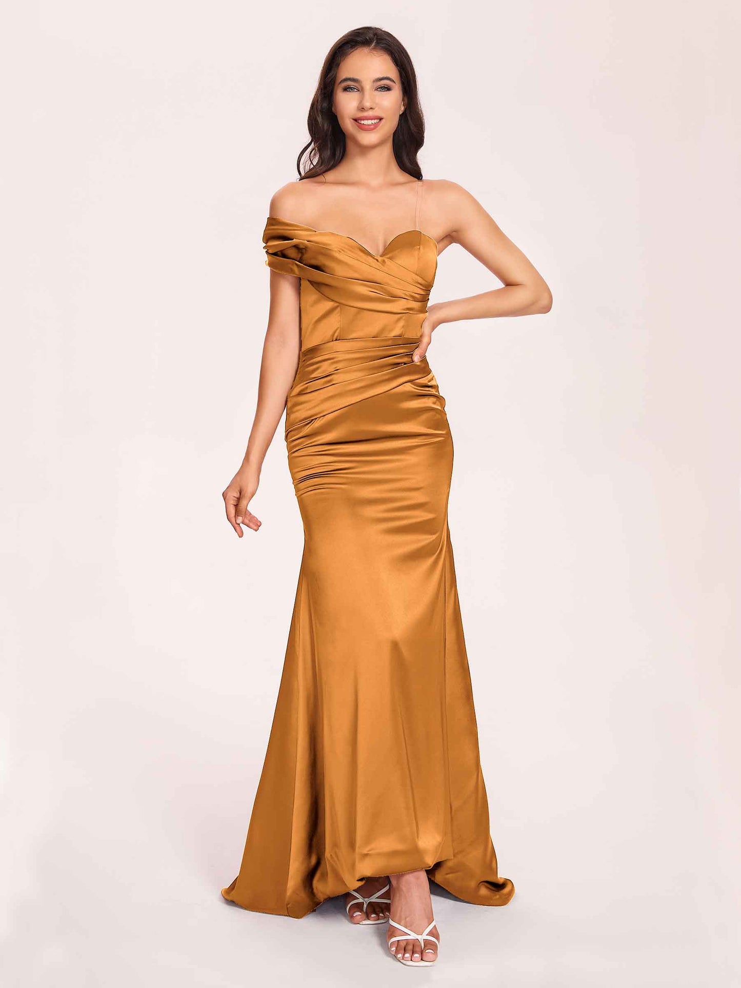 Satin One-shoulder Bridesmaid Dresses Pleats Floor Length Mermaid Long