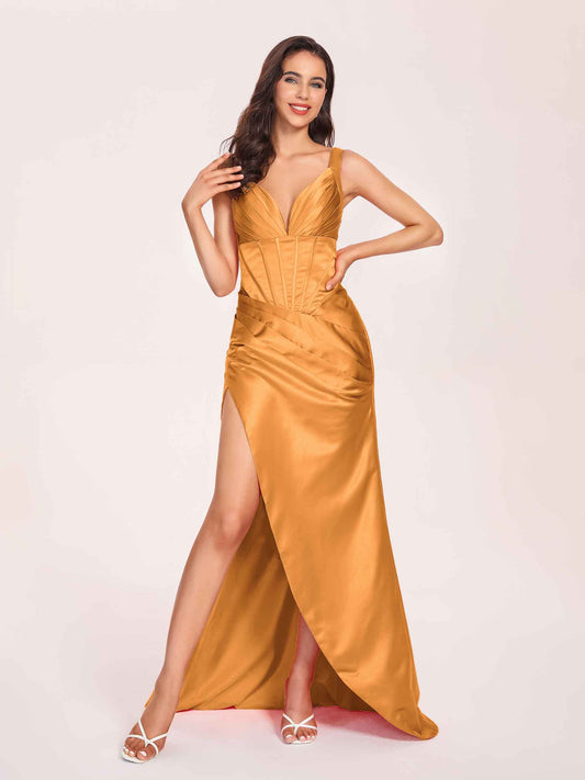 Satin Spaghetti Straps Corset Bridesmaid Dresses Pleats Side-Slit Sheath Floor Length