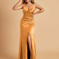 Sexy Satin Sheath Bridesmaid Dresses Spaghetti Straps V-neck Side Slit Pleats Floor Length For Sale