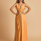 Sexy Satin Deep V-neck Long Bridesmaid Dresses A-line Pleats Sleeveless Floor Length