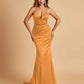 Satin Mermaid Open-back Bridesmaid Dresses Spaghetti Straps V-neck With Pleats Floor Length