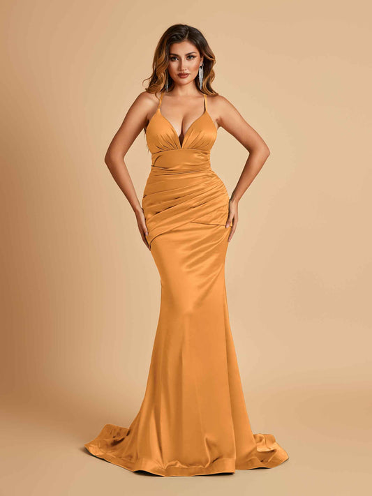 Satin Mermaid Open-back Bridesmaid Dresses Spaghetti Straps V-neck With Pleats Floor Length