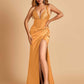Sexy Sweetheart Sheath Prom Dresses Spaghetti Straps Satin Side Slit Pleats Floor Length
