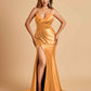 Satin Mermaid V-neck Prom Dresses Spaghetti Straps Side Slit Floor Length
