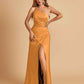 Satin One Shoulder Sheath Prom Dresses Spaghetti Straps Side Slit Floor Length