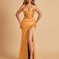 Sexy Satin Halter Straps Sheath Prom Dresses Side Slit Pleats Floor Length