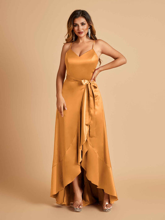 Satin Asymmetric V-neck Bridesmaid Dresses Sleeveless Side Slit A-line Unique
