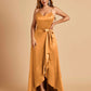 Satin Asymmetric V-neck Bridesmaid Dresses Sleeveless Side Slit A-line Unique For Sale