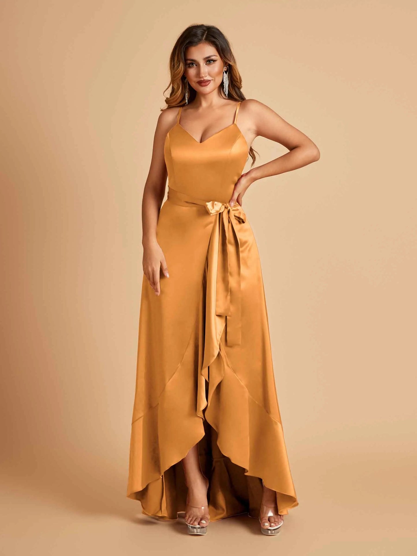 Satin Asymmetric V-neck Bridesmaid Dresses Sleeveless Side Slit A-line Unique For Sale