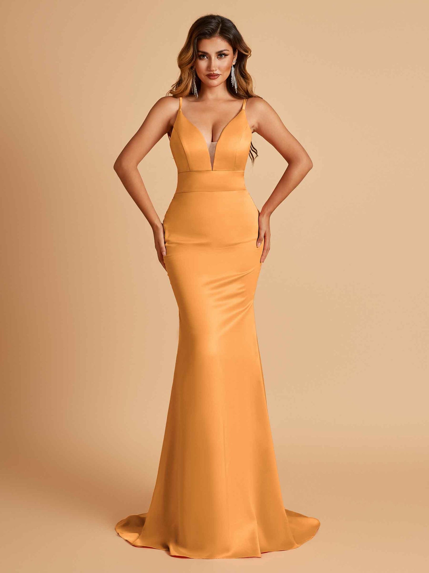 Satin Deep V-neck Mermaid Bridesmaid Dresses Open Back Floor Length