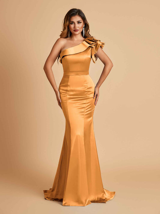Satin One-shoulder Bridesmaid Dresses Ruffle Sleeves Mermaid Floor Length