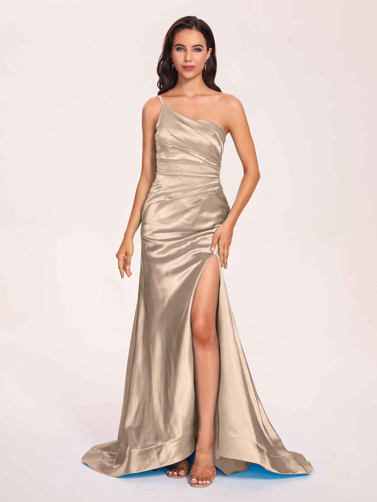 Satin One-shoulder Mermaid Bridesmaid Dresses Side Slit Pleats Floor Length