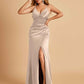 Sexy Satin Sheath Bridesmaid Dresses Spaghetti Straps V-neck Side Slit Pleats Floor Length