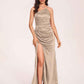 Satin Halter Pleats Sheath Prom Dresses Side-Slit Floor Length Sleeveless