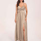 Satin Spaghetti Straps A-line Bridesmaid Dresses Side Slit Floor Length
