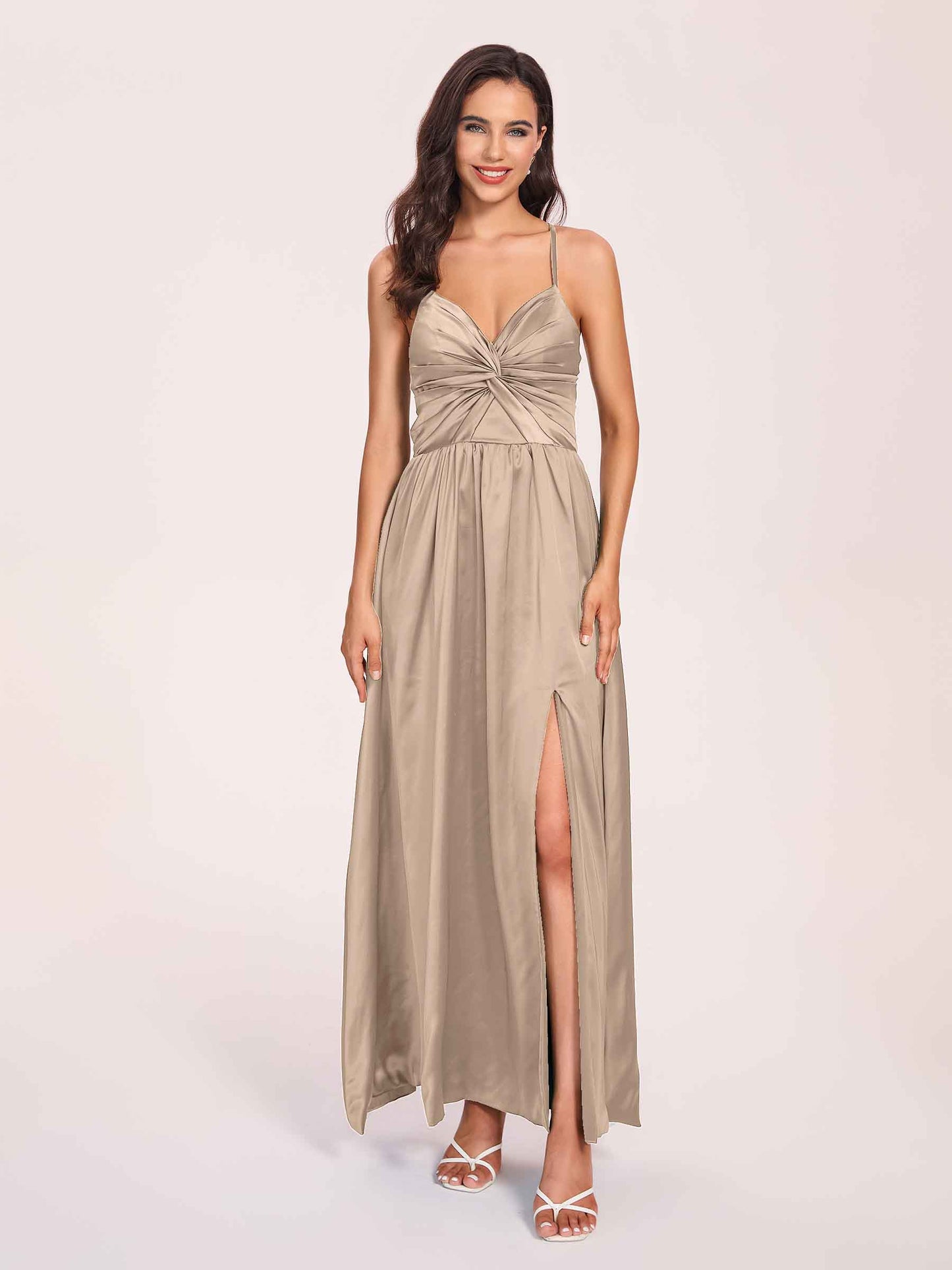 Satin Spaghetti Straps A-line Bridesmaid Dresses Side Slit Floor Length