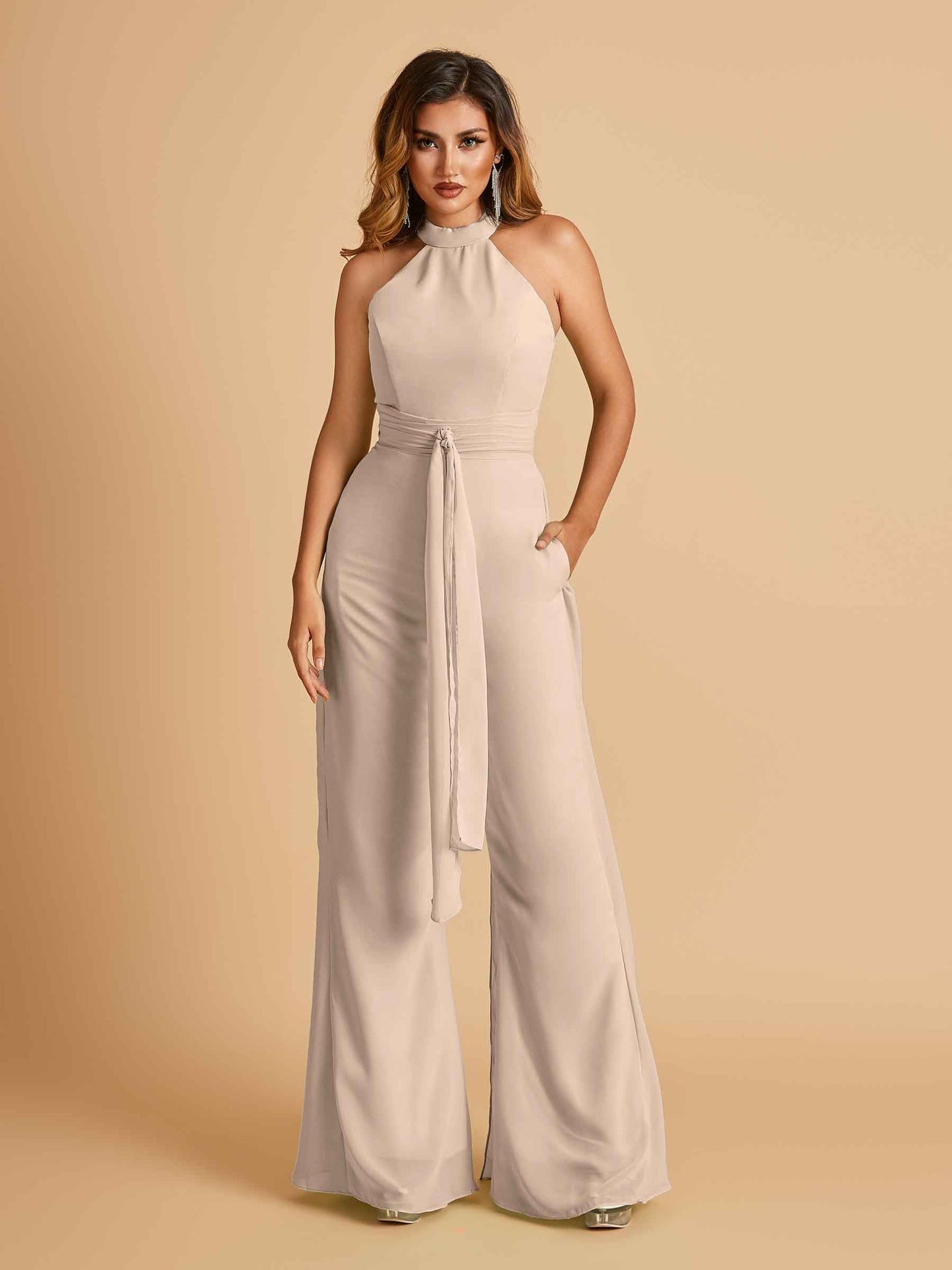 Chiffon Prom Jumpsuit Jewel Neck Sleeveless Floor Length With Pockets