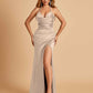 Sexy Satin Halter Straps Sheath Prom Dresses Side Slit Pleats Floor Length