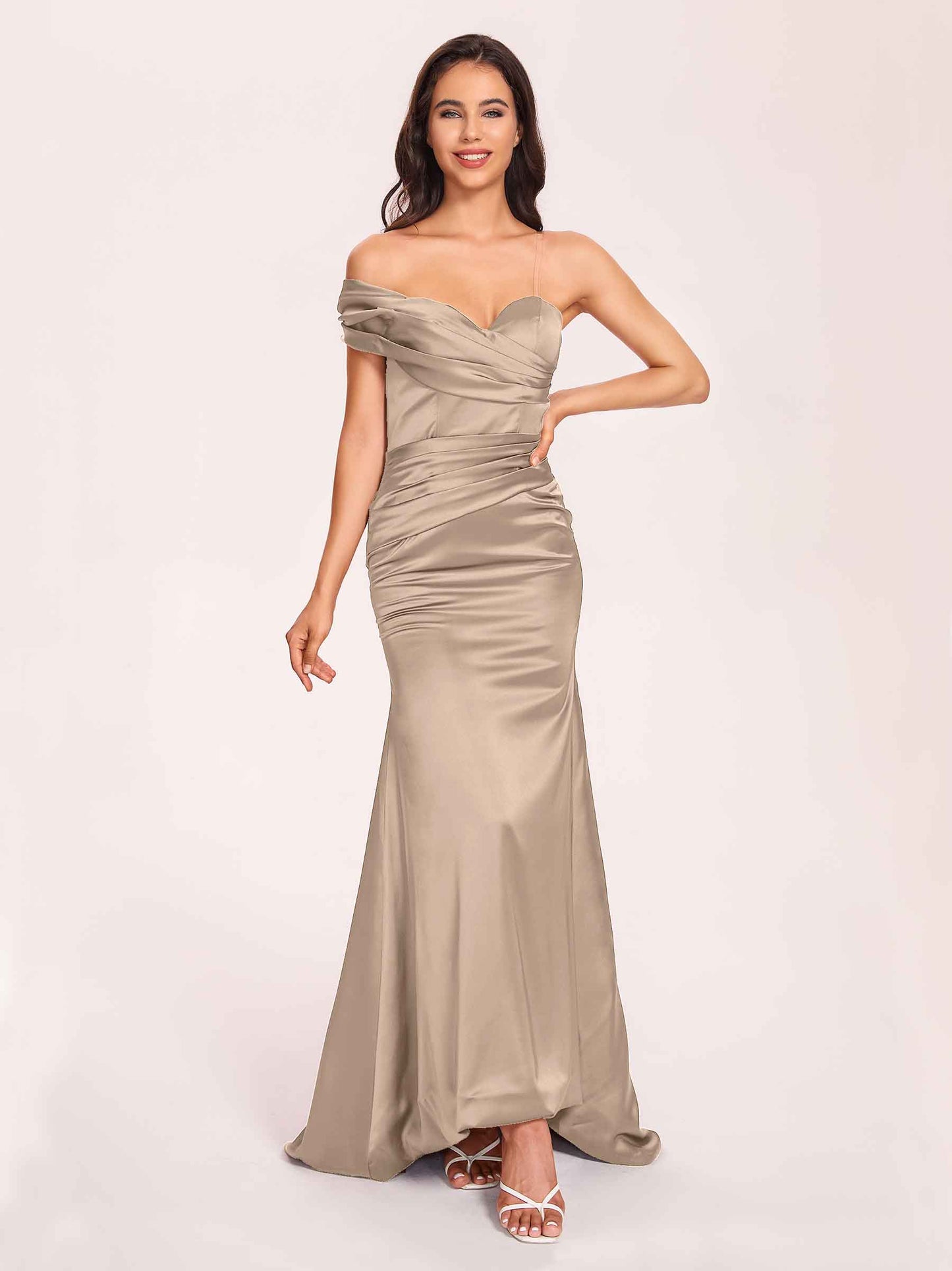 Satin One-shoulder Bridesmaid Dresses Pleats Floor Length Mermaid Long