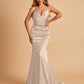 Sexy Satin Mermaid Prom Dresses Spaghetti Straps V-neck Pleats Floor Length