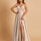 Satin A-line Long Prom Dresses Spaghetti Straps V-neck Side Slit Floor Length