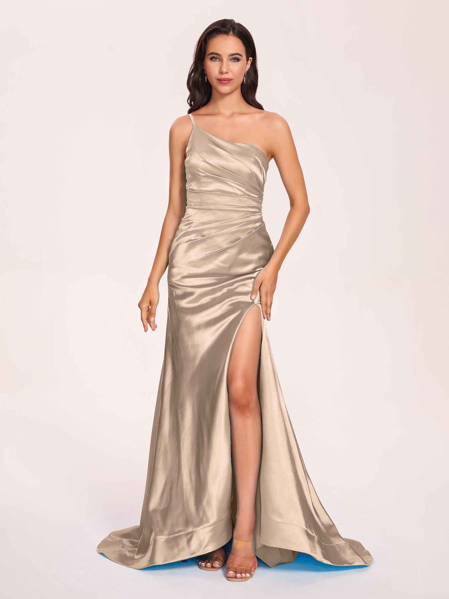 Satin One-shoulder Mermaid Prom Dresses Side Slit Pleats Floor Length
