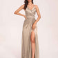 Sexy Satin A-line Prom Dresses Spaghetti Straps Side Slit V-neck Floor Length