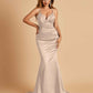 Satin Mermaid V-neck Prom Dresses Spaghetti Straps Floor Length