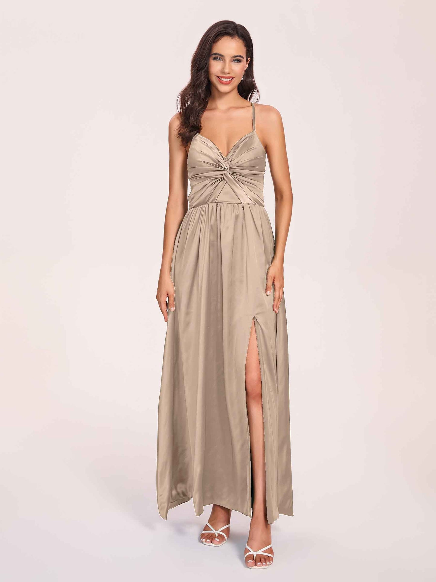 Satin Spaghetti Straps A-line Prom Dresses Side Slit Floor Length