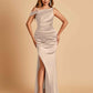 Unique Satin One Shoulder Bridesmaid Dresses Side Slit Half Open Back Floor Length