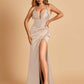 Sexy Sweetheart Sheath Bridesmaid Dresses Spaghetti Straps Satin Side Slit Pleats Floor Length