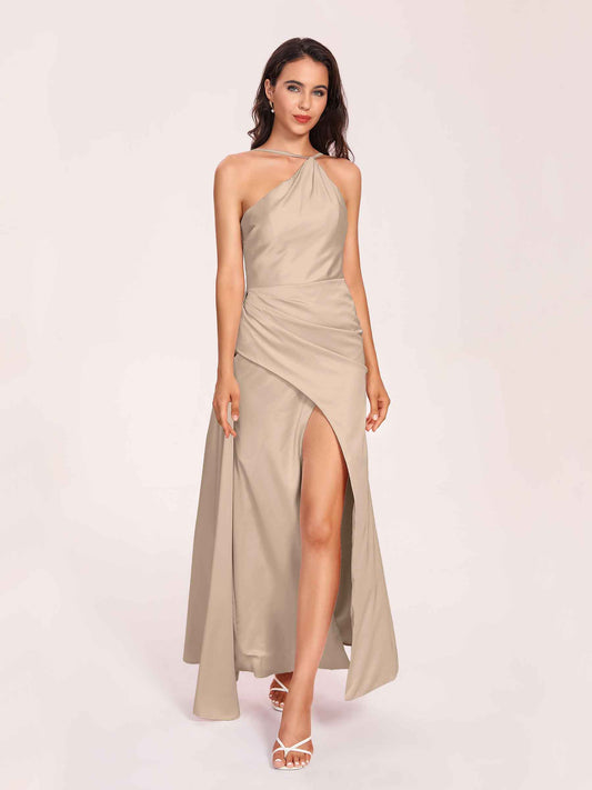 Sexy Satin Halter Strap Sheath Bridesmaid Dresses Side Slit Pleats Floor Length
