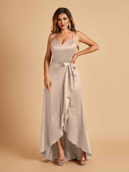 Satin Asymmetric V-neck Bridesmaid Dresses Sleeveless Side Slit A-line Unique