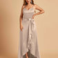 Satin Asymmetric V-neck Bridesmaid Dresses Sleeveless Side Slit A-line Unique For Sale